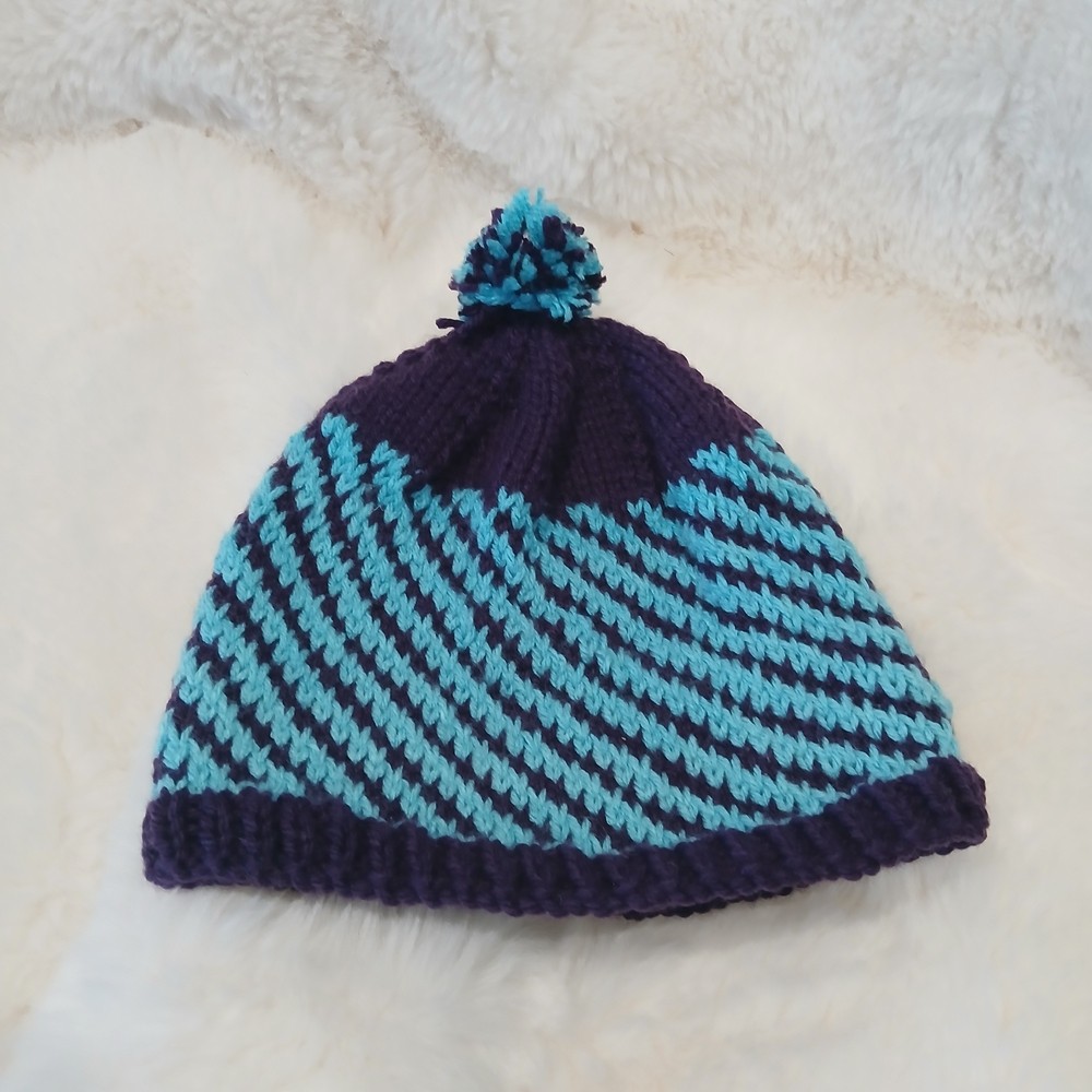 Hand-Knit Spiral Stripe Beanie Hat - Purple & Teal with Pom Pom
